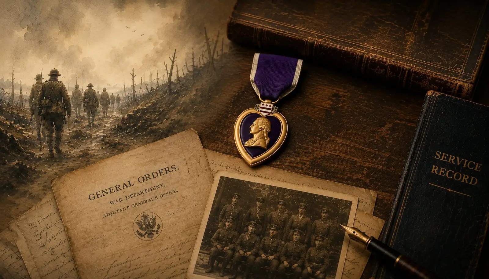 Antique military medals arranged on aged service documents